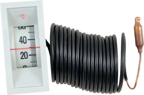 Wolf Fernthermometer mit einer Skala von 0 bis 80 °C, verbunden mit einem schwarzen Kabel und einem empfindlichen Fühler am Ende, geeignet für die Temperaturmessung.
